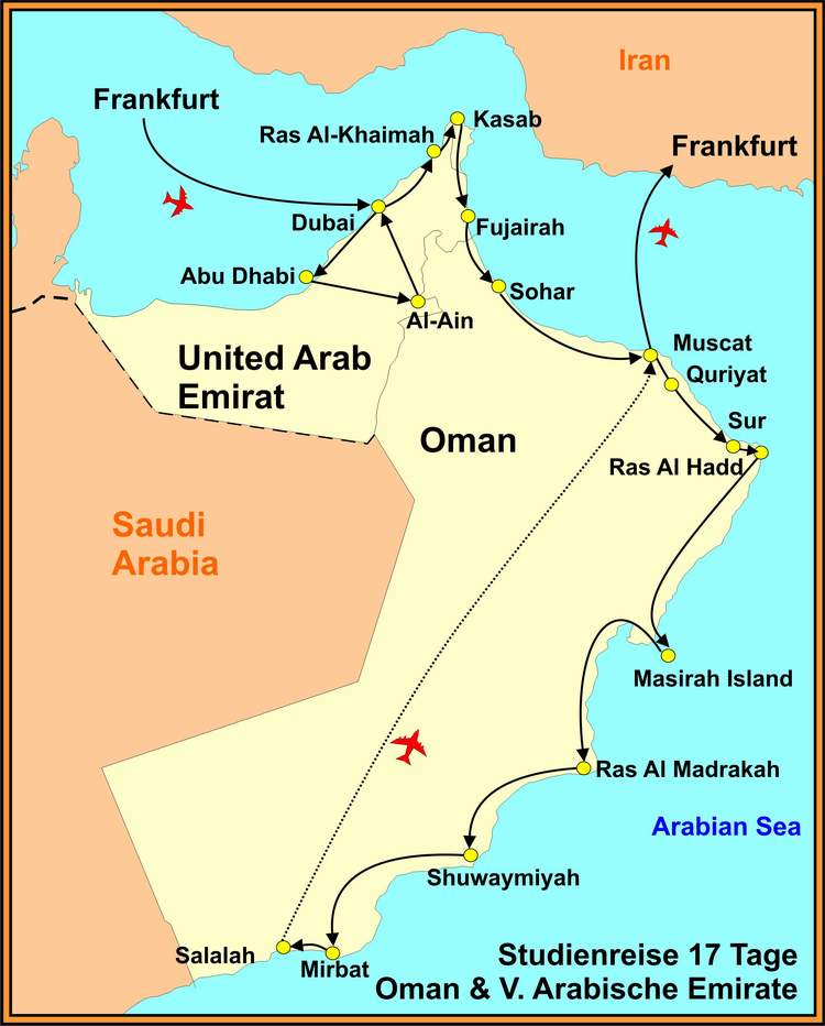 Reiseroute Oman Studienreise und Dubai Reisen